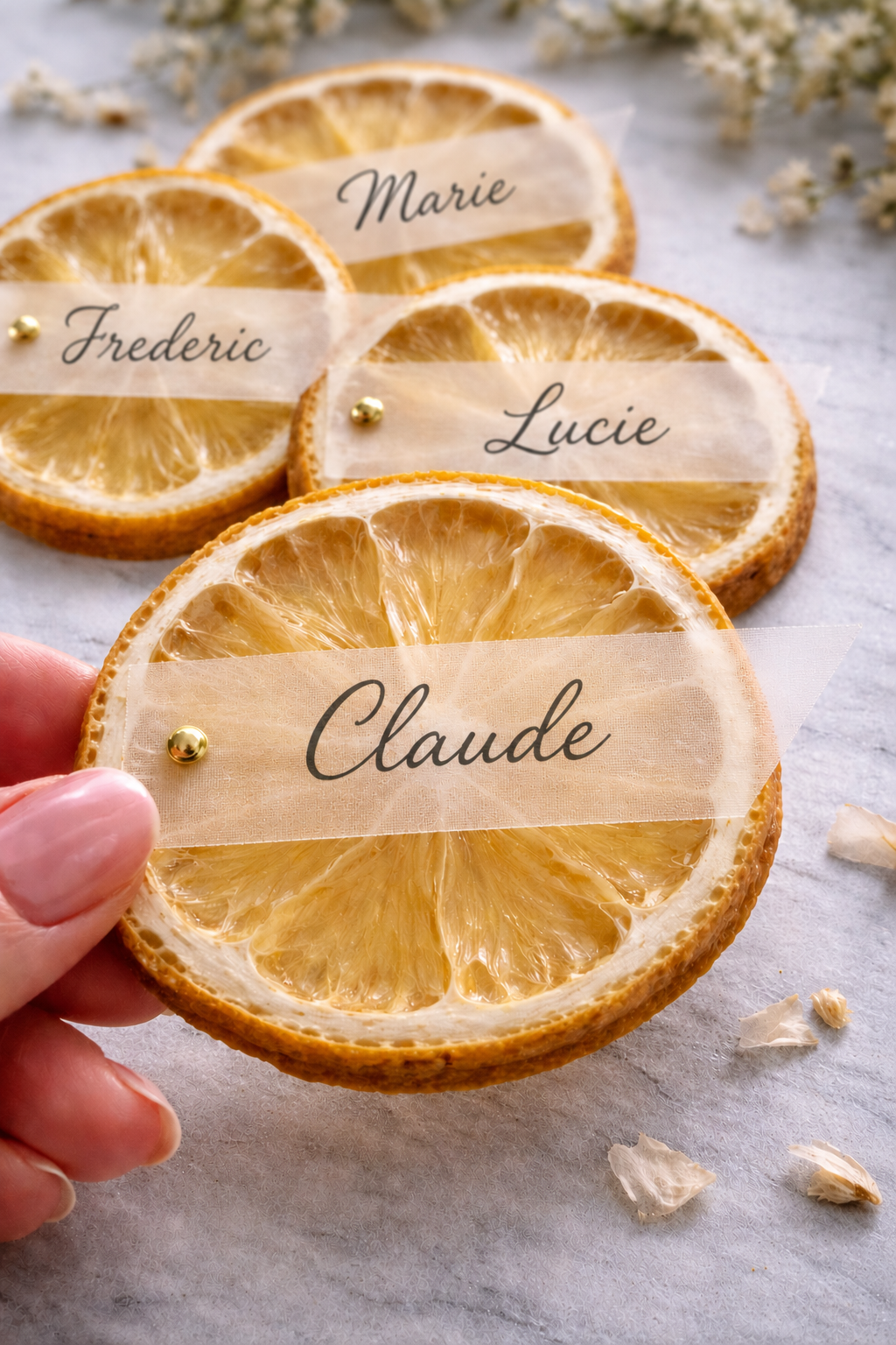Étiquettes sur Agrumes Séchés Personnalisées — Collection marque-places Claude, fait main en Provence by The Originea