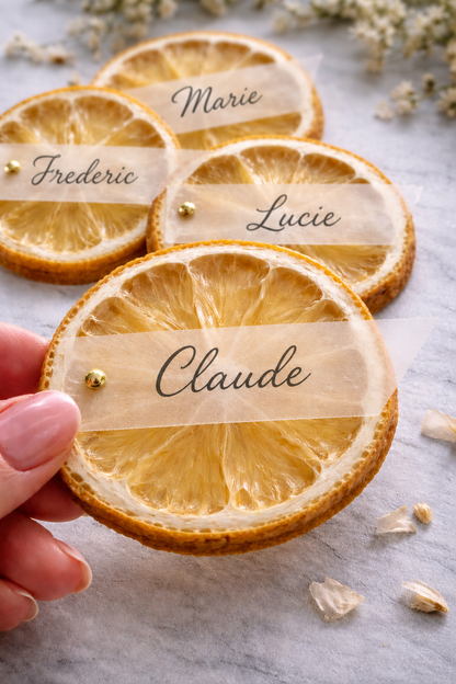 Étiquettes sur Agrumes Séchés Personnalisées — Collection marque-places Claude, fait main en Provence by The Originea