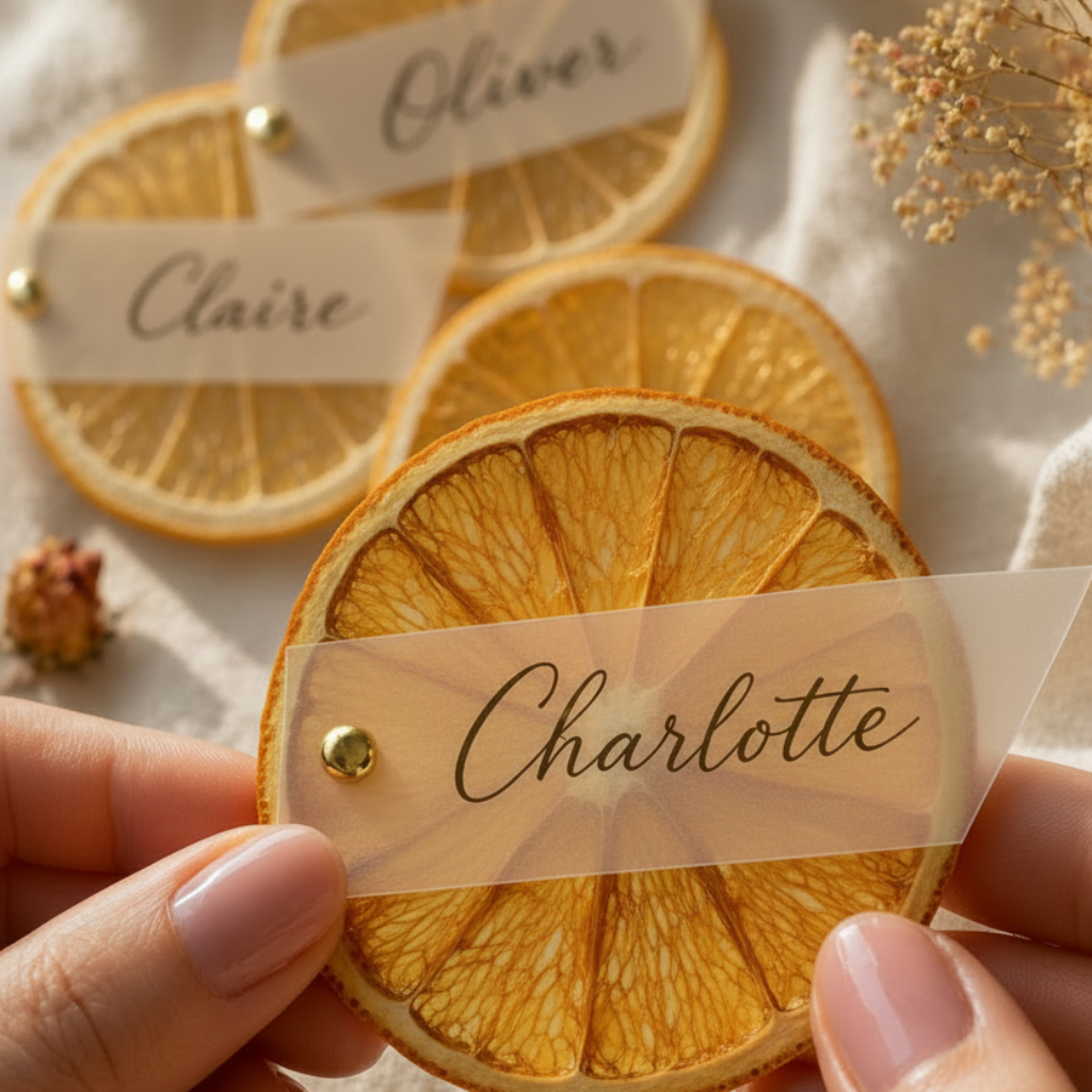 Étiquettes personnalisées sur agrumes séchés pour mariage et événements — fait main en Provence by The Originea