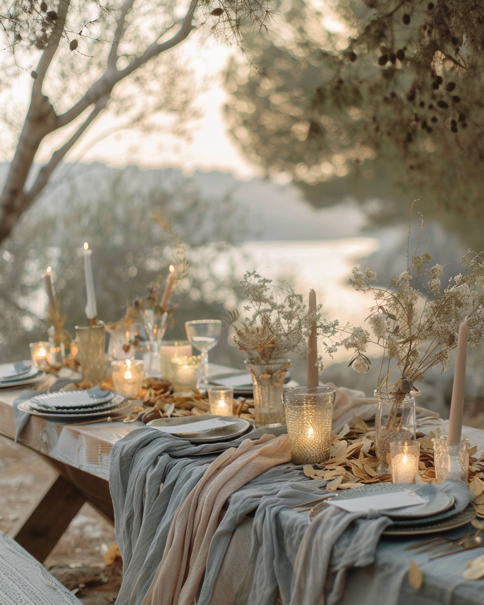 Table de mariage bohème sous un olivier décorée de feuilles séchées, bougies et fleurs sauvages | The Originea