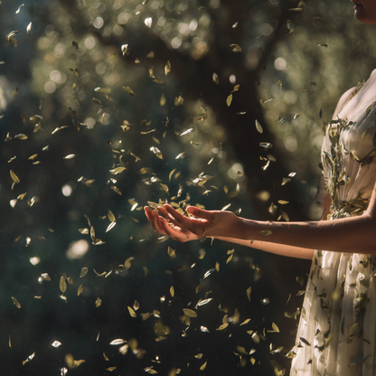 Mariés de dos dans une oliveraie au coucher de soleil, pluie de feuilles d'olivier séchées dorées | The Originea