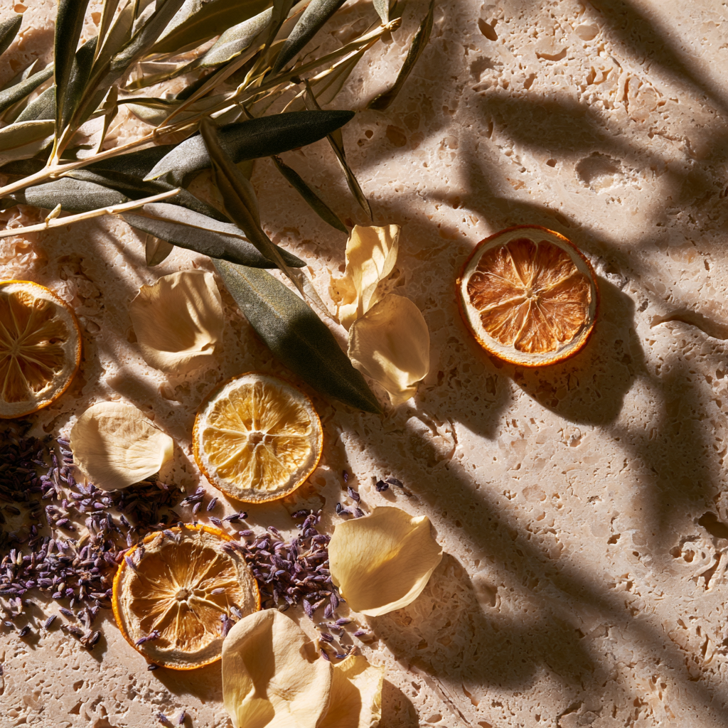 Flat lay set mariage — citrons séchés, branches d'olivier, lavande et pétales de rose champagne | The Originea