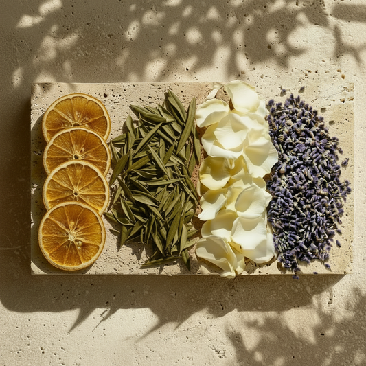 Flat lay set Dolce Vita — citrons séchés, feuilles d'olivier, pétales de rose champagne et lavande | The Originea