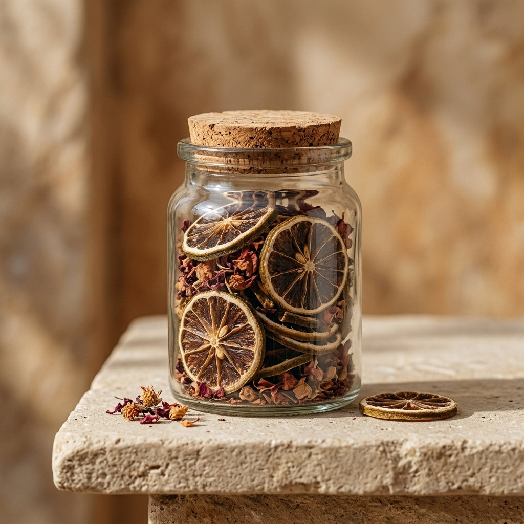 Bocal en verre bouchon liège rempli d'agrumes séchés et de fleurs d'hibiscus séchées | The Originea