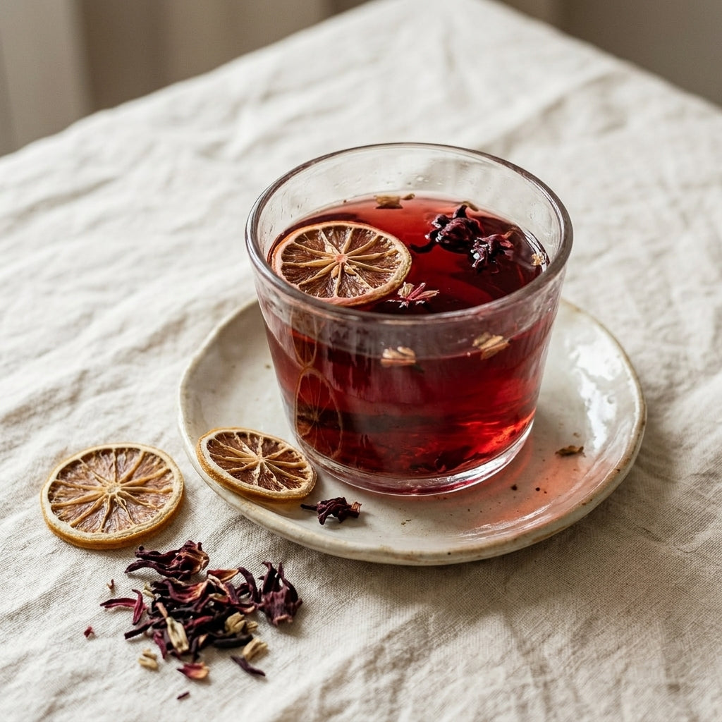 Tasse d'infusion d'hibiscus avec tranches d'agrumes séchées et fleurs séchées sur lin | The Originea