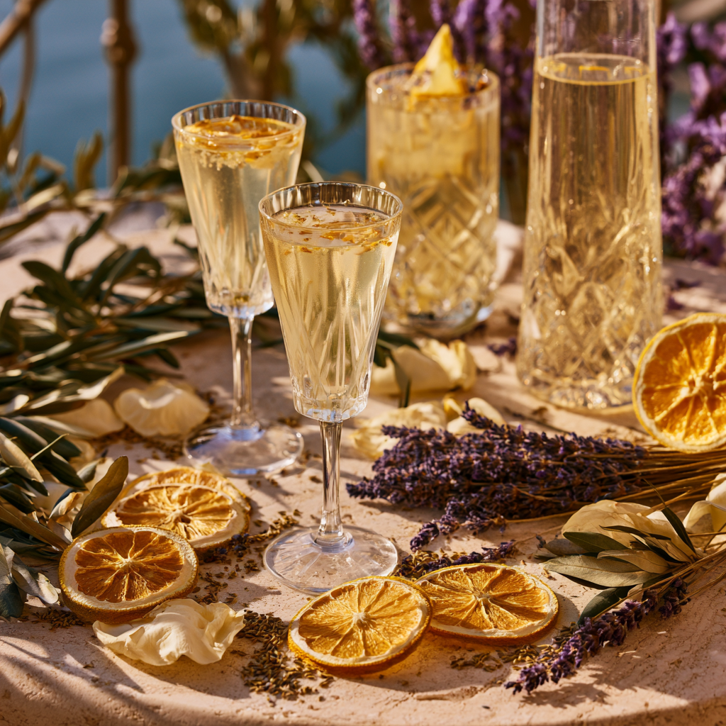Flûtes de champagne garnies de citron de Sicile séché et lavande — cocktail mariage dolce vita | The Originea