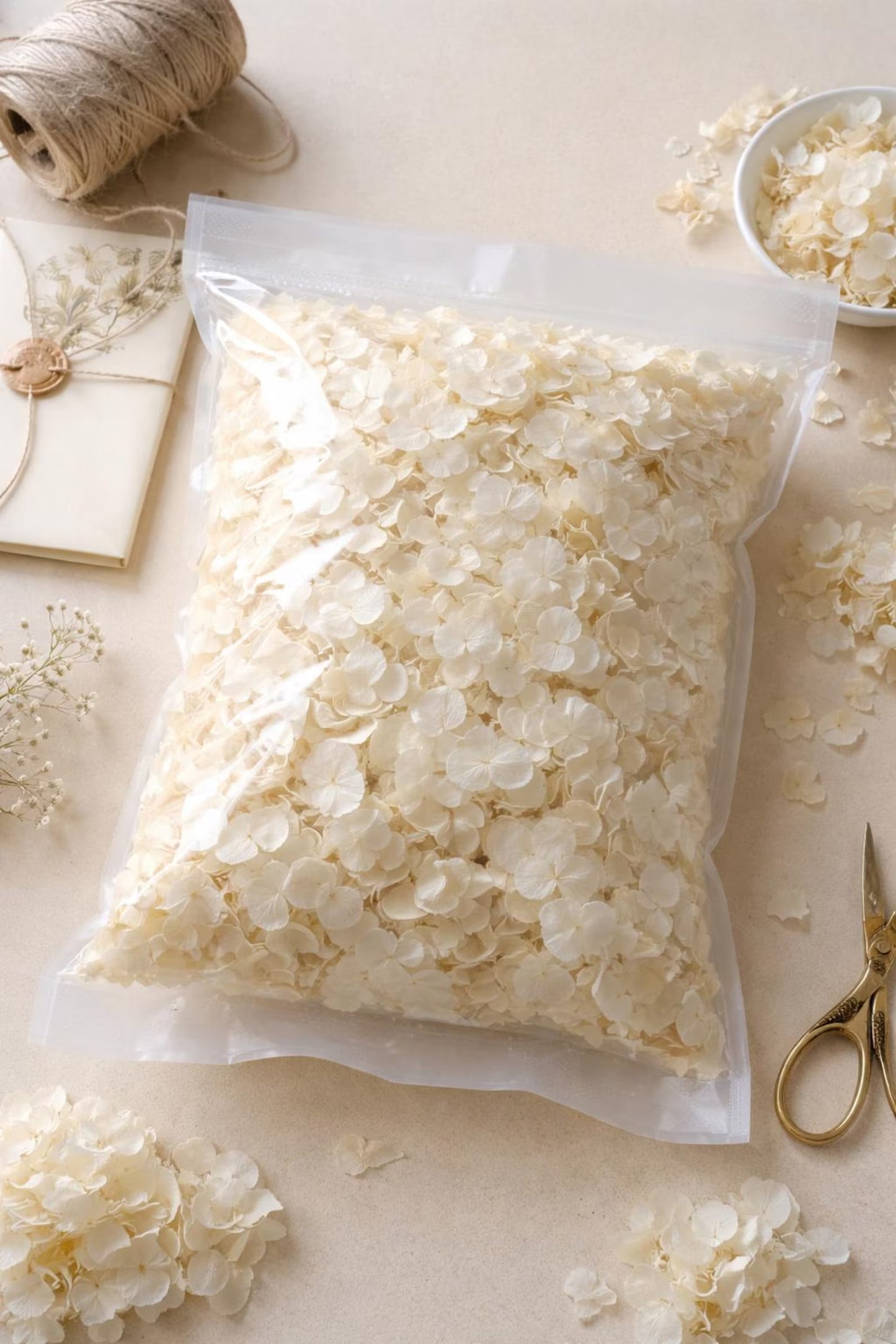 Pétales d'Hortensia Blancs Séchés — Confettis Mariage Bohème Chic, vue du dessus — The Originea