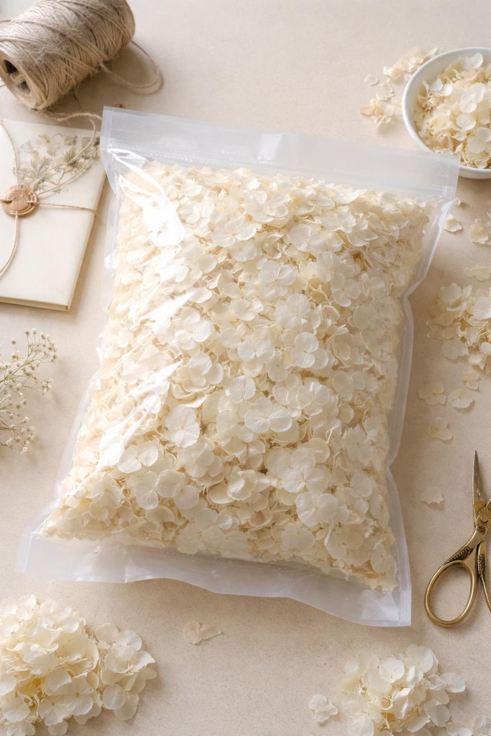 Pétales d'Hortensia Blancs Séchés — Confettis Mariage Bohème Chic, vue du dessus — The Originea