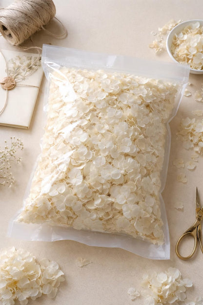 Pétales d'Hortensia Blancs Séchés — Confettis Mariage Bohème Chic, vue du dessus — The Originea