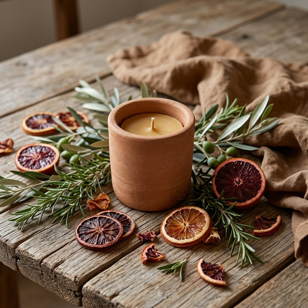 Oranges sanguines séchées, romarin et sauge en décoration autour d'une bougie terracotta | The Originea
