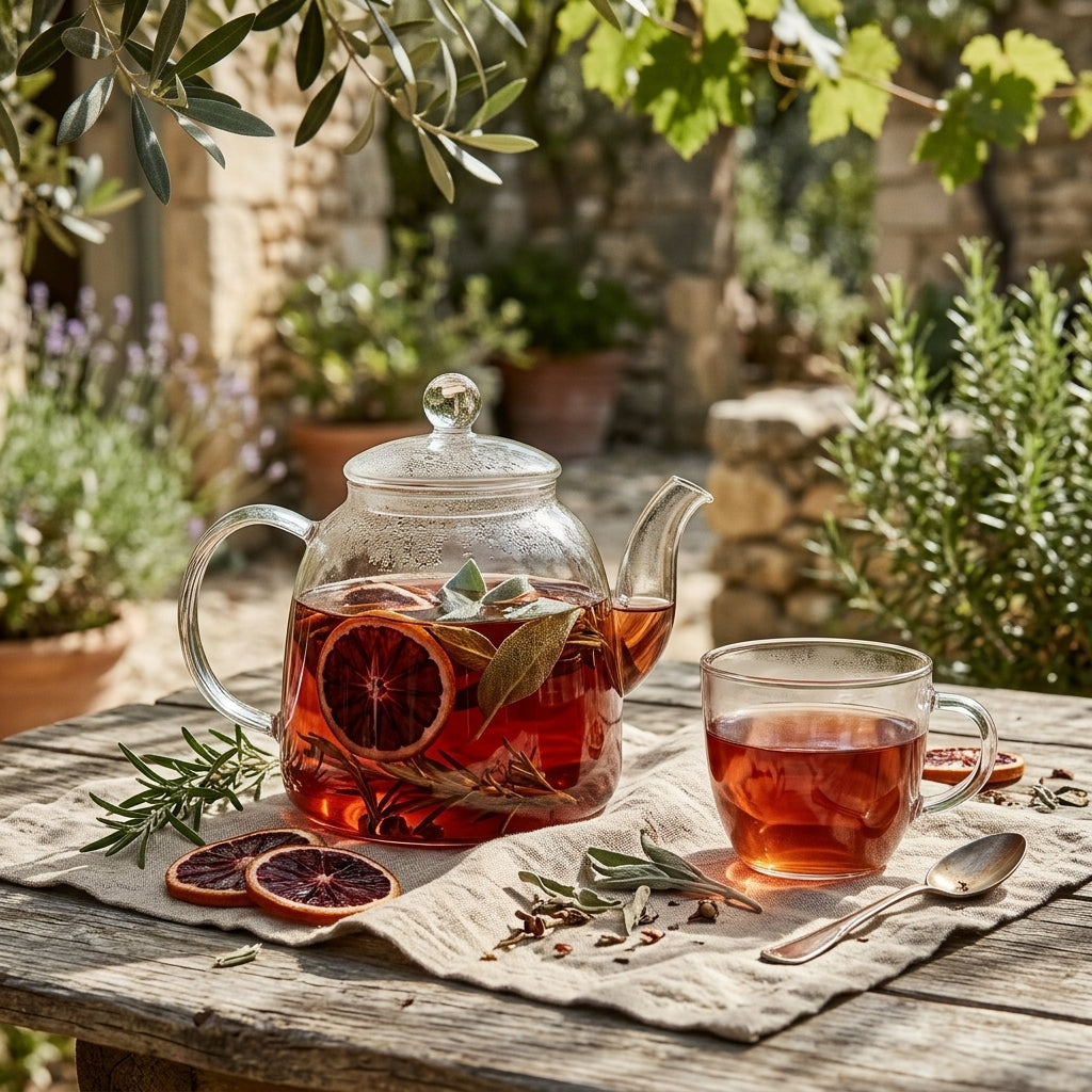 Théière en verre d'infusion aux oranges sanguines séchées, sauge et romarin, jardin de Provence | The Originea
