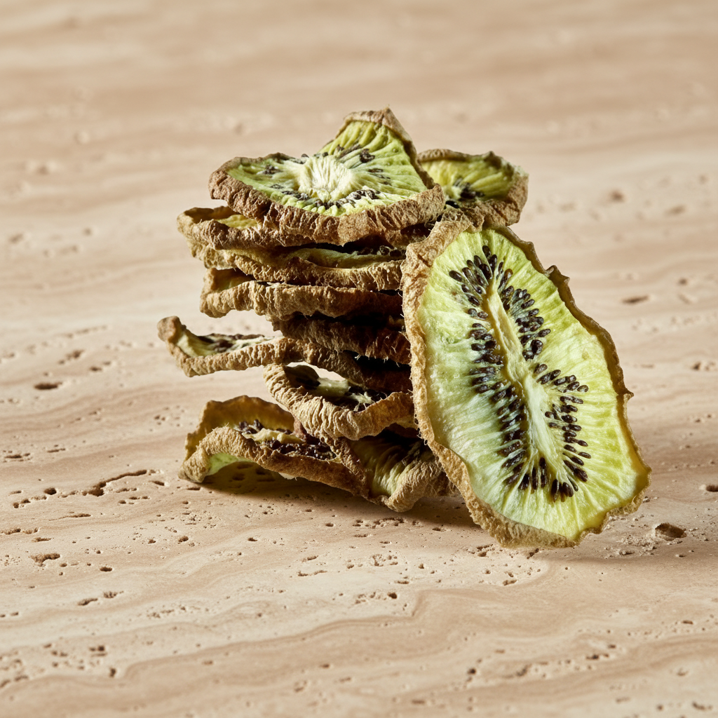 Tranches de kiwi séché disposées en décoration naturelle sur fond pierre avec branches d’olivier | The Originea