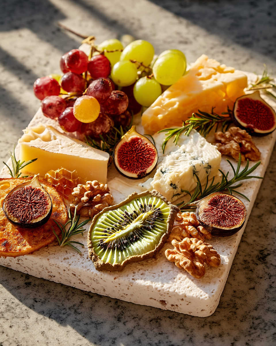 Planche fromages sur travertin avec tranches de kiwi séché, figues, raisins et noix | The Originea