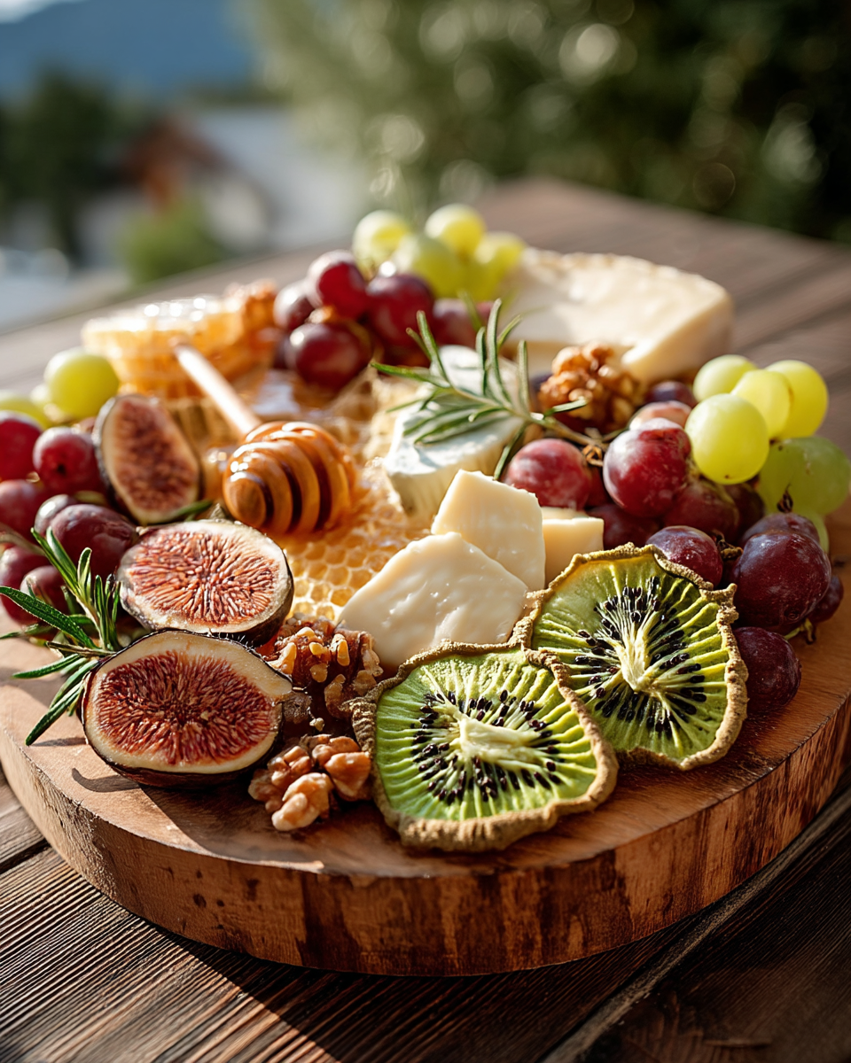 Plateau bois artisanal avec tranches de kiwi séché, fromages, figues, raisins et miel | The Originea