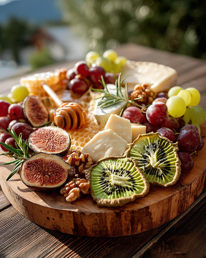 Plateau bois artisanal avec tranches de kiwi séché, fromages, figues, raisins et miel | The Originea