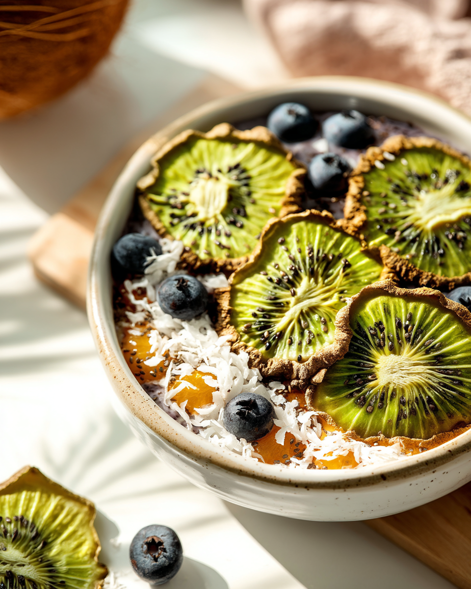 Smoothie bowl tropical garnä de tranches de kiwi séché, myrtilles et noix de coco râpée | The Originea