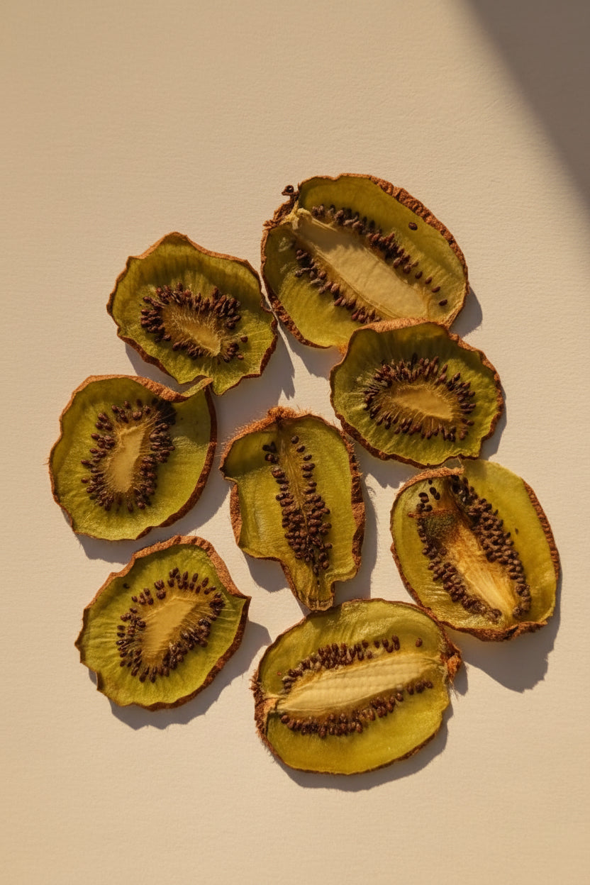 Tranches réelles de kiwi séché au cœur graphique étoilé, chair verte et graines noires au soleil | The Originea