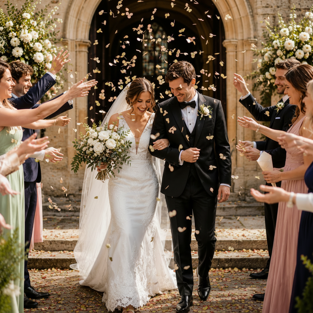 Lancer de confettis biodégradables hortensias vert antique lors d'une cérémonie de mariage à la sortie d'une église