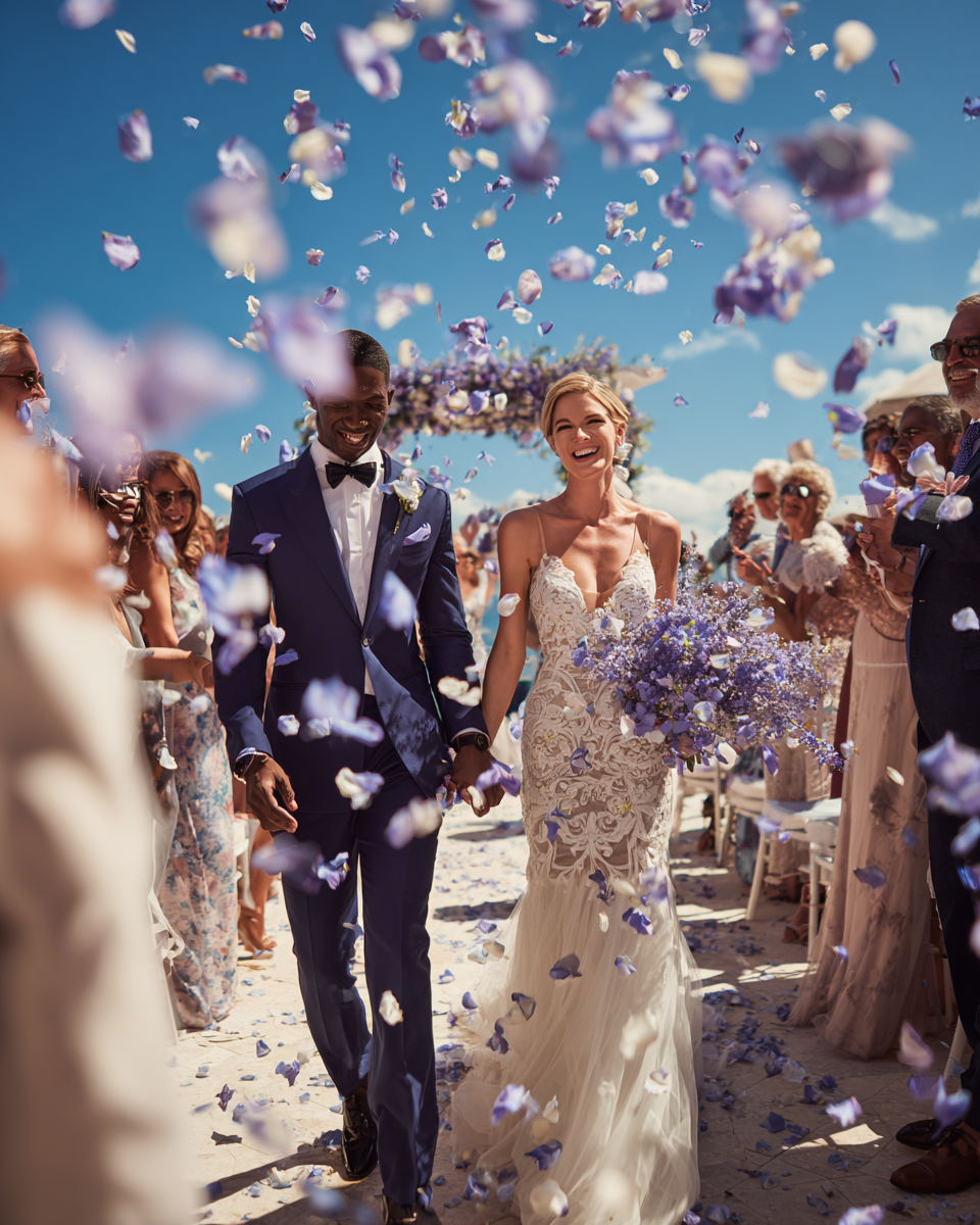 Lancer de confettis pétales de rose bleu violet à la sortie des mariés — cérémonie mariage biodégradable | The Originea