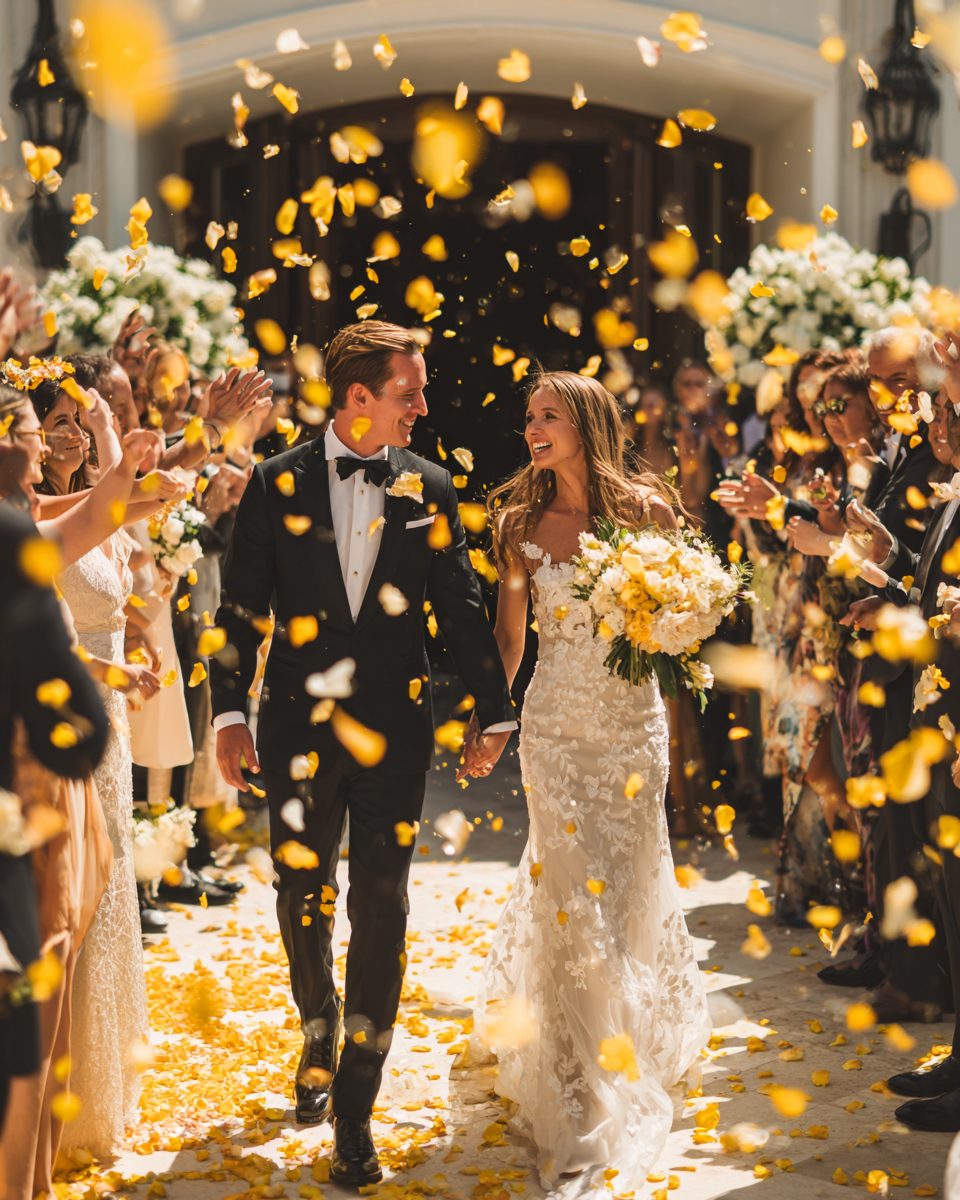 Lancer de confettis pétales de rose ocre à la sortie des mariés — cérémonie mariage pluie dorée biodégradable | The Originea