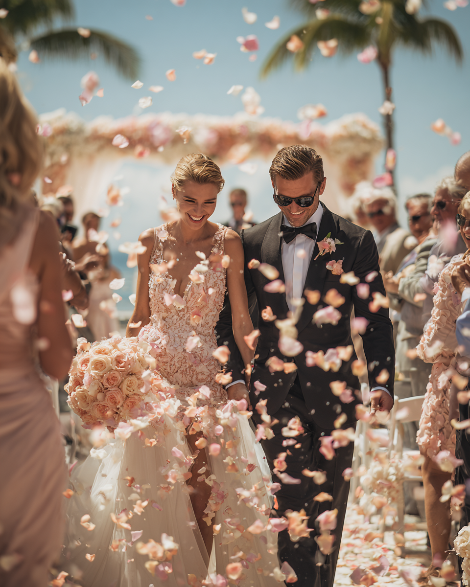 Lancer de confettis pétales de rose pêche pastel — couple de mariés sous les palmiers au bord de mer, cérémonie tropicale | The Originea