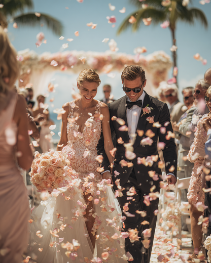 Lancer de confettis pétales de rose pêche pastel — couple de mariés sous les palmiers au bord de mer, cérémonie tropicale | The Originea