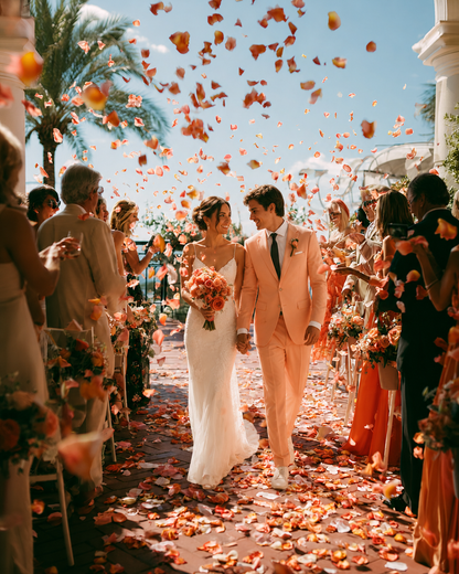 Lancer de confettis pétales de rose rose et pêche — couple en costume corail sous les palmiers, cérémonie mariage ensoleillée | The Originea