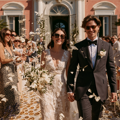 Lancer de pétales d'olivier mariage Dolce Vita devant villa italienne — couple sortie cérémonie | The Originea