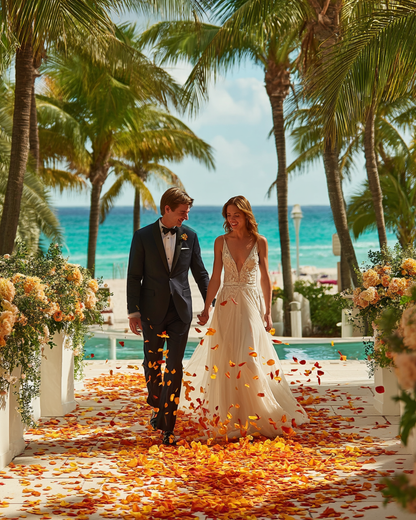 Lancer de pétales de rose orange — couple mariage Miami Beach | The Originea