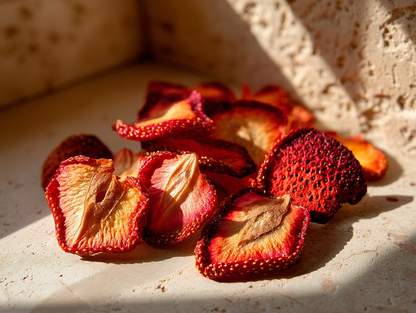 Fraises séchées en tranches sur pierre travertin en lumière naturelle — texture et couleur authentiques | The Originea