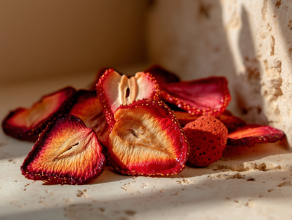 Gros plan fraises séchées artisanales tranches rouge profond sur pierre provençale — fraise séchée bulk premium | The Originea