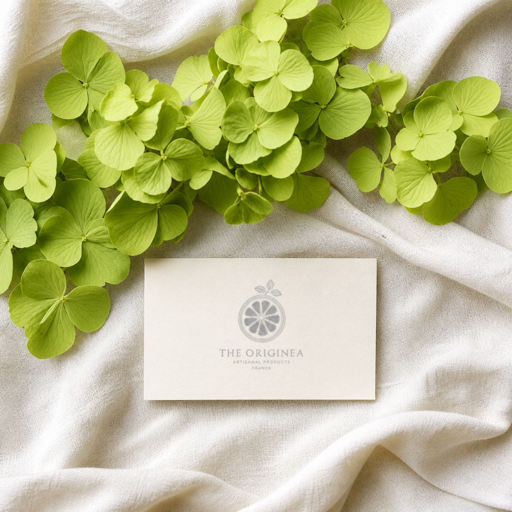 Macro pétales d'hortensias vert séchés avec logo The Originea — texture délicate et qualité artisanale