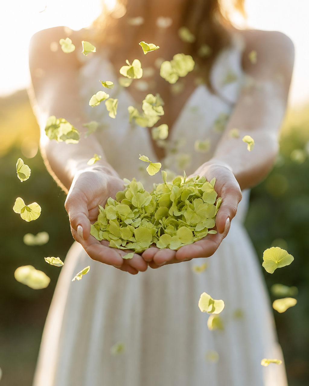 Mains lançant des pétales d'hortensias vert lors d'une cérémonie de mariage en Provence