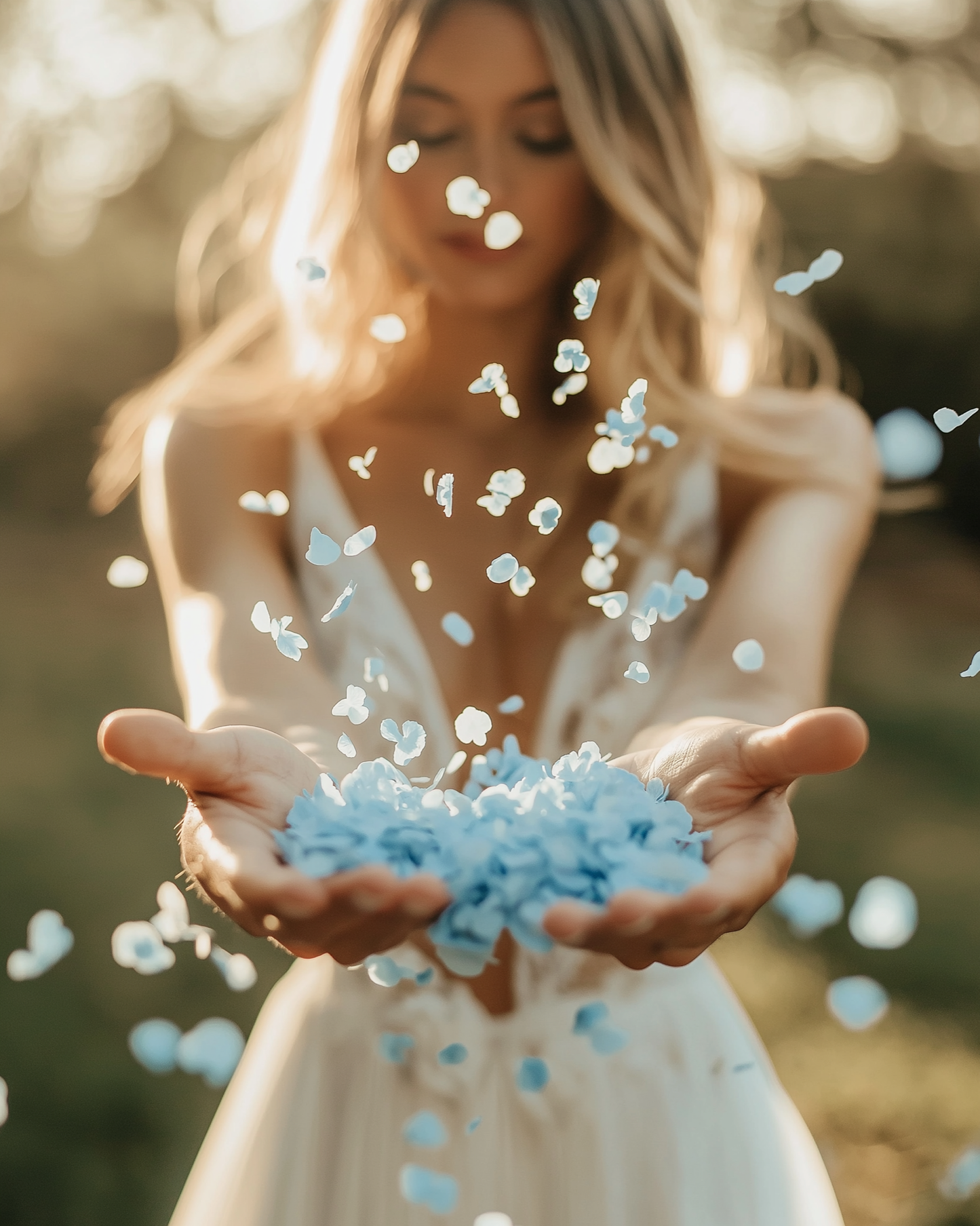 Mariée tenant des confettis d'hortensias bleu clair dans ses mains, pétales s'envolant au coucher du soleil