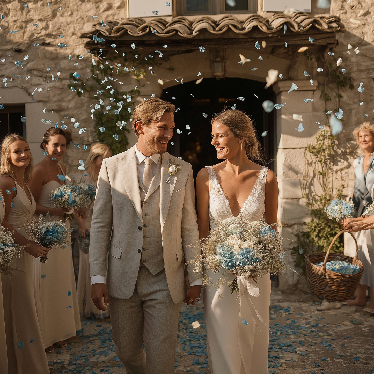 Mariés sortant d'une chapelle en Provence sous une pluie de pétales d'hortensias bleu clair — mariage naturel et élégant