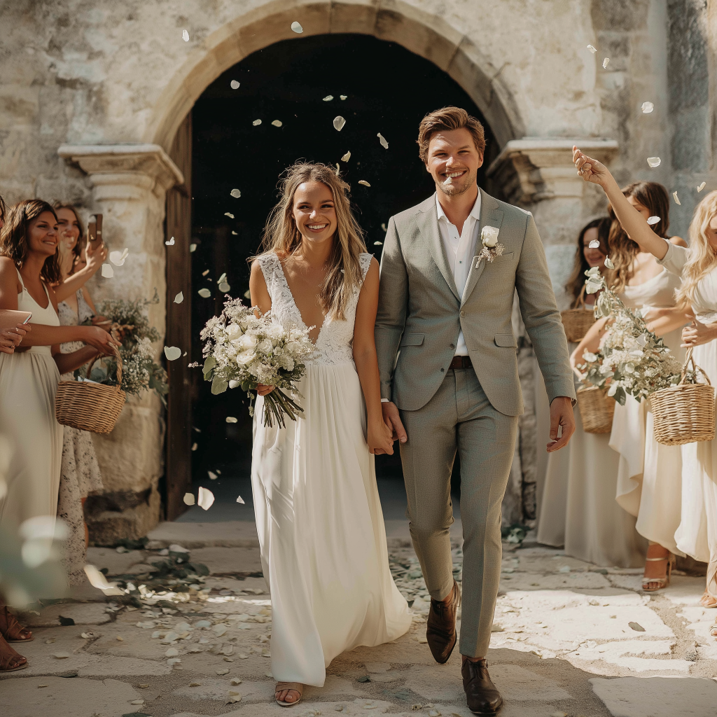 Mariés sortant d'une chapelle en Provence sous une pluie de pétales d'hortensias vert — mariage naturel et élégant