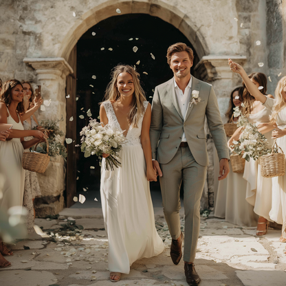 Mariés sortant d'une chapelle en Provence sous une pluie de pétales d'hortensias vert — mariage naturel et élégant