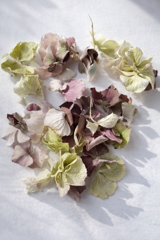 Corbeille en osier remplie d'hortensias séchés pastels – rose poudré, vert d'eau, bordeaux, crème | The Originea