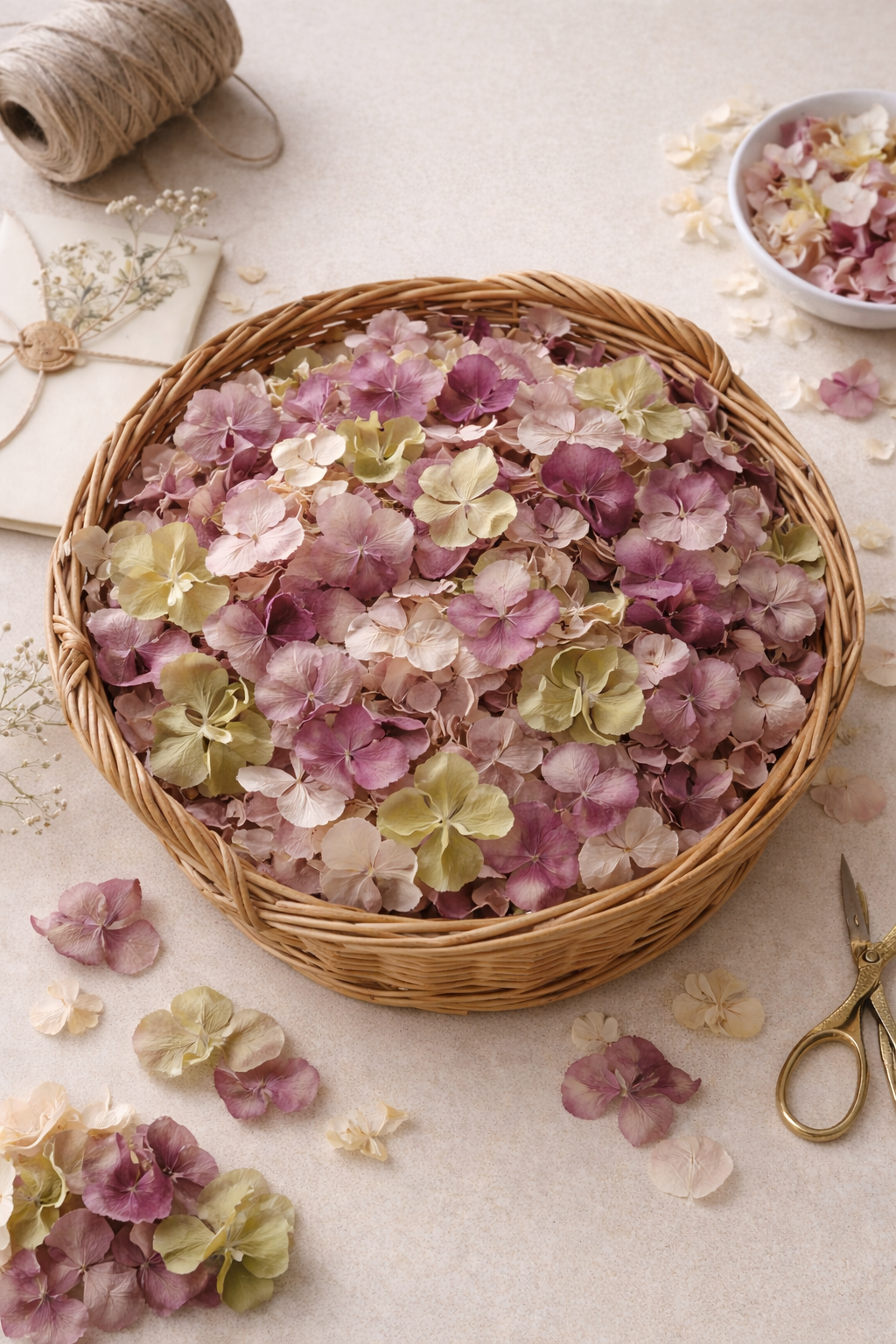 Mélange d'hortensias séchés pastels éparpillés sur fond blanc – confettis mariage biodégradables naturels | The Originea