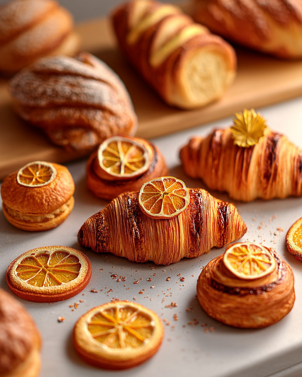 Mini tranches d'orange séchées en garniture de viennoiseries et croissants artisanaux — pâtisserie française | The Originea