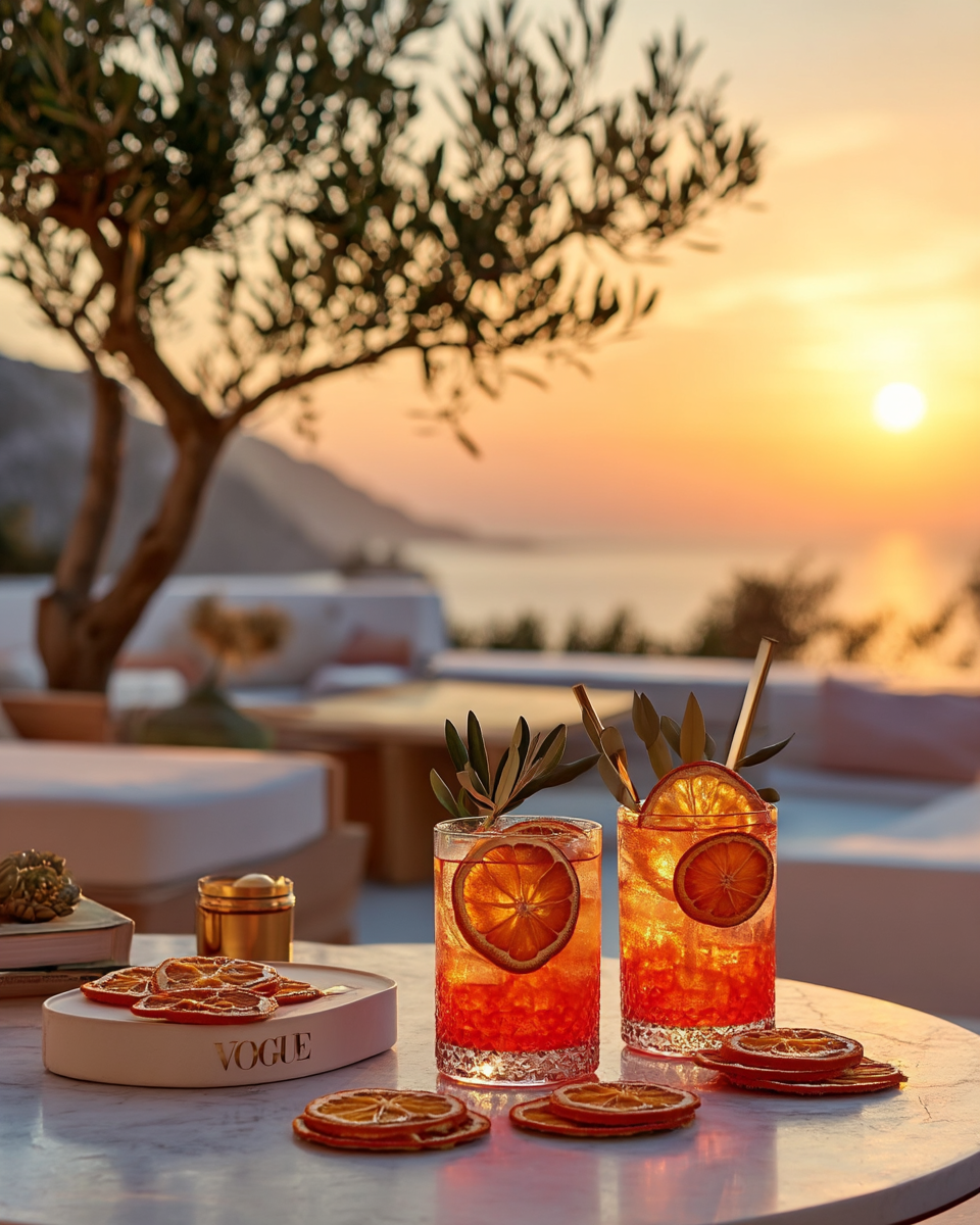 Cocktails méditerranéens garnis de mini tranches d'orange séchées au coucher du soleil — terrasse vue mer | The Originea