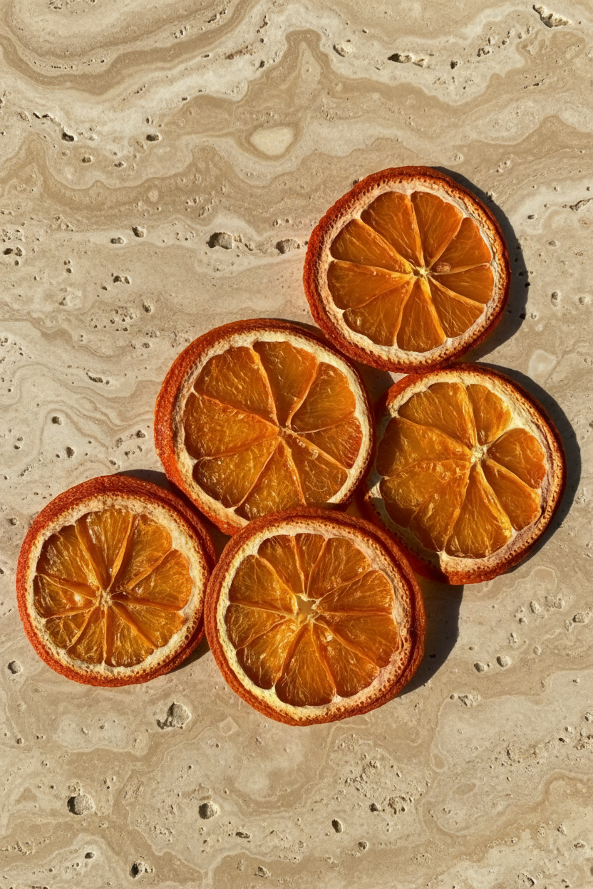 Mini tranches d'orange séchées sur fond naturel — format délicat pour décoration mariage et compositions florales | The Originea