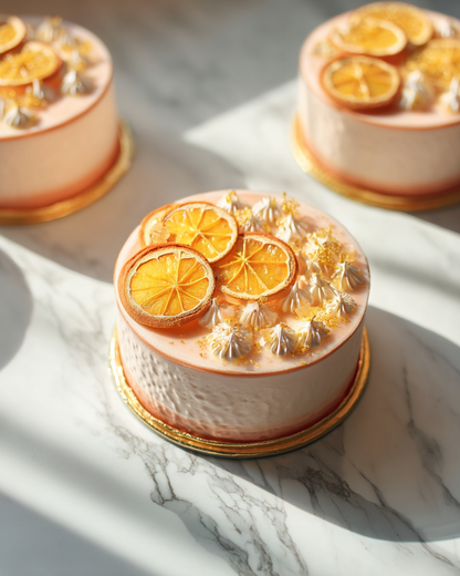 Entremets premium décoré de mini tranches d'orange séchées et feuilles d'or — pâtisserie de luxe | The Originea