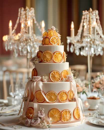 Pièce montée de mariage ornée de mini tranches d'orange séchées sous lustres en cristal — décoration premium | The Originea