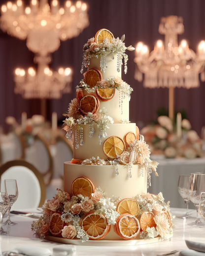 Gâteau de mariage à étages décoré de mini tranches d'orange séchées et fleurs séchées — décoration old money | The Originea