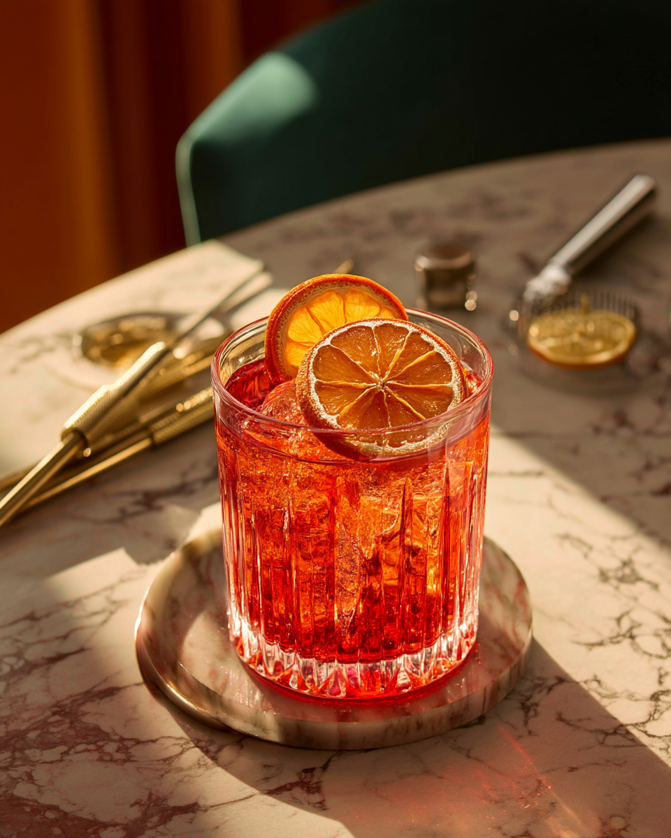 Negroni sur glace garnä de mini tranches d'orange séchées — garniture cocktail bar luxe | The Originea