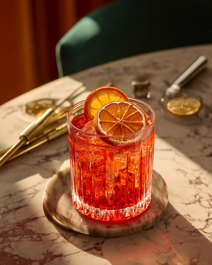 Negroni sur glace garnä de mini tranches d'orange séchées — garniture cocktail bar luxe | The Originea