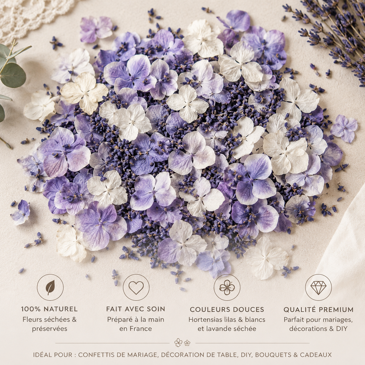 Pétales de lavande et hortensia séchés pour lancer de cérémonie mariage provençal | The Originea