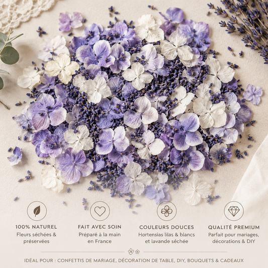 Pétales de lavande et hortensia séchés pour lancer de cérémonie mariage provençal | The Originea
