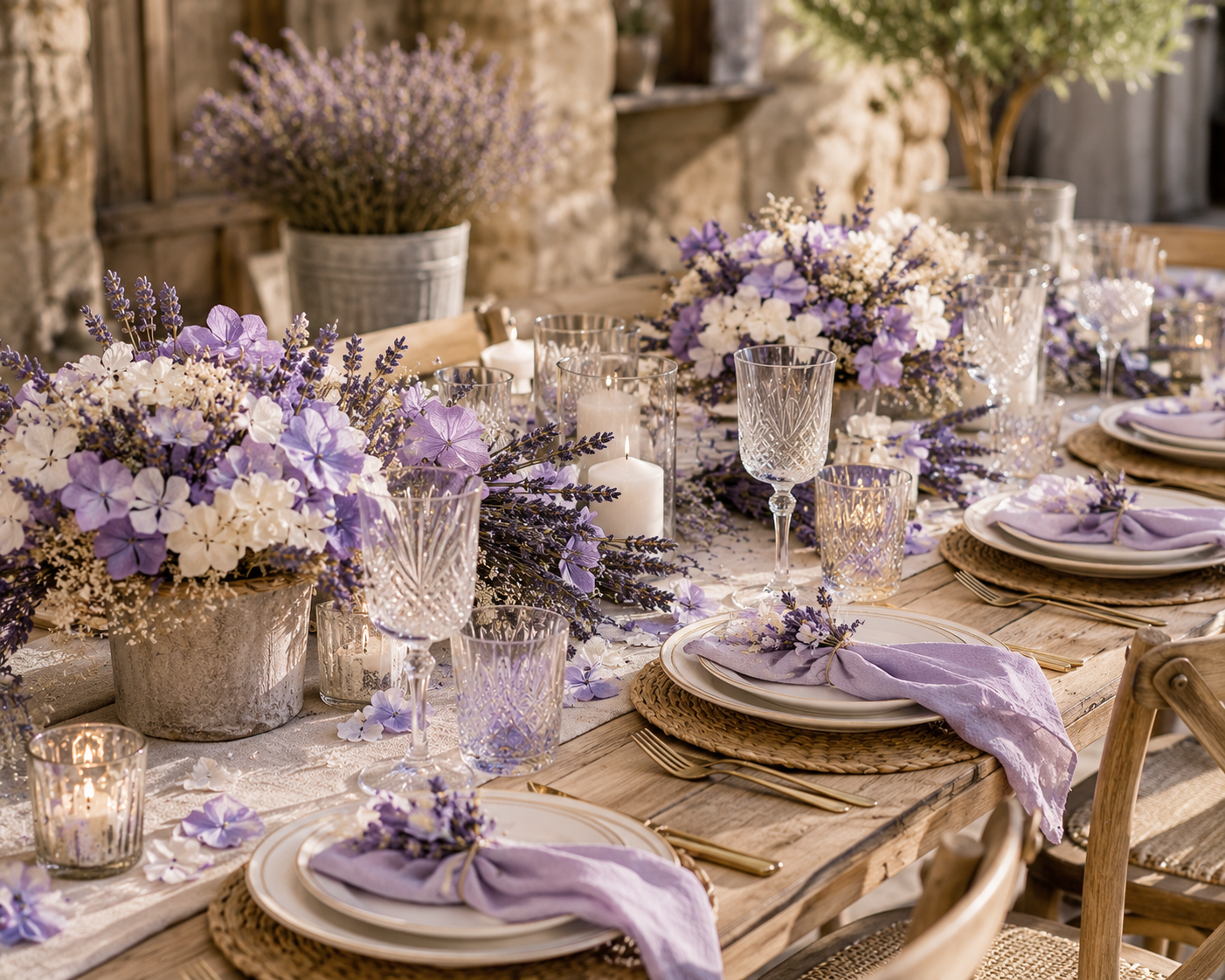 Mélange fleurs séchées lavande et hortensia pour décoration table et chemin de pétales mariage | The Originea